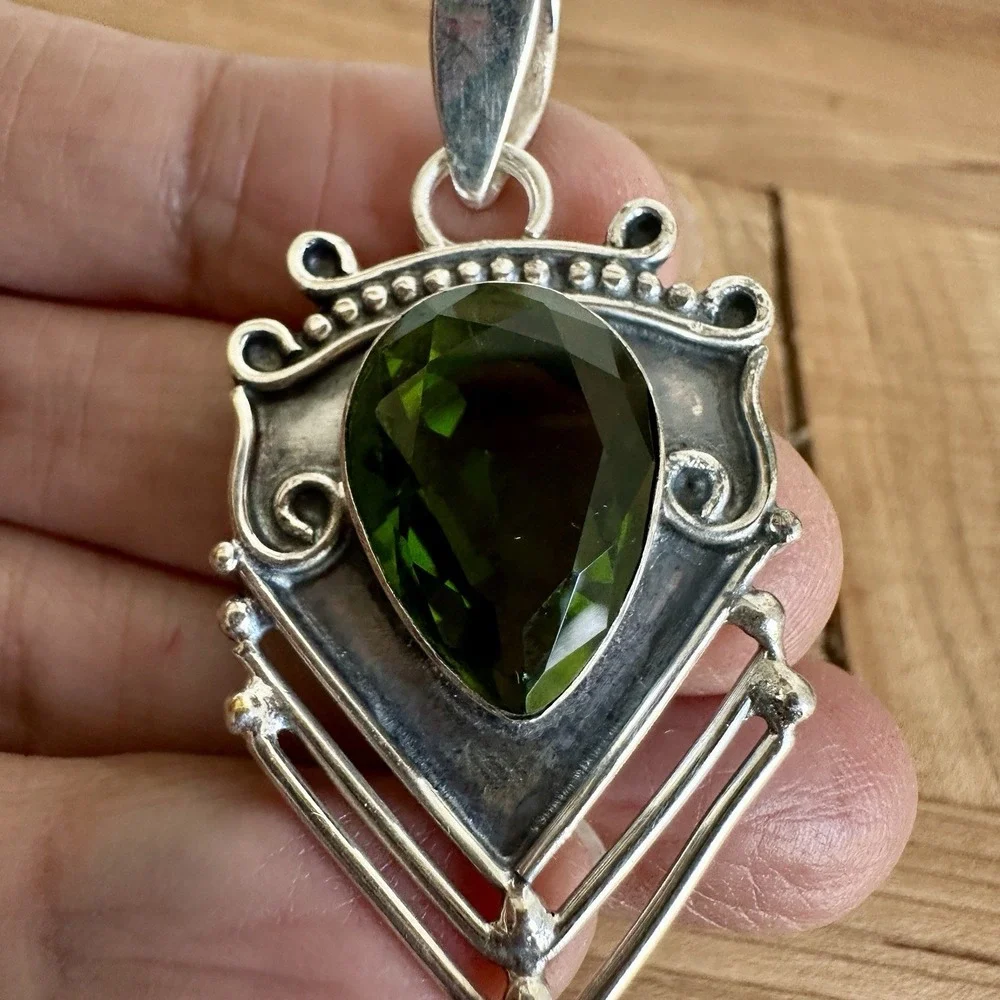Vintage Brutalist Artisan Pendant 2 Inch Green Lab Peridot Gem 925 Sterling 7.7g